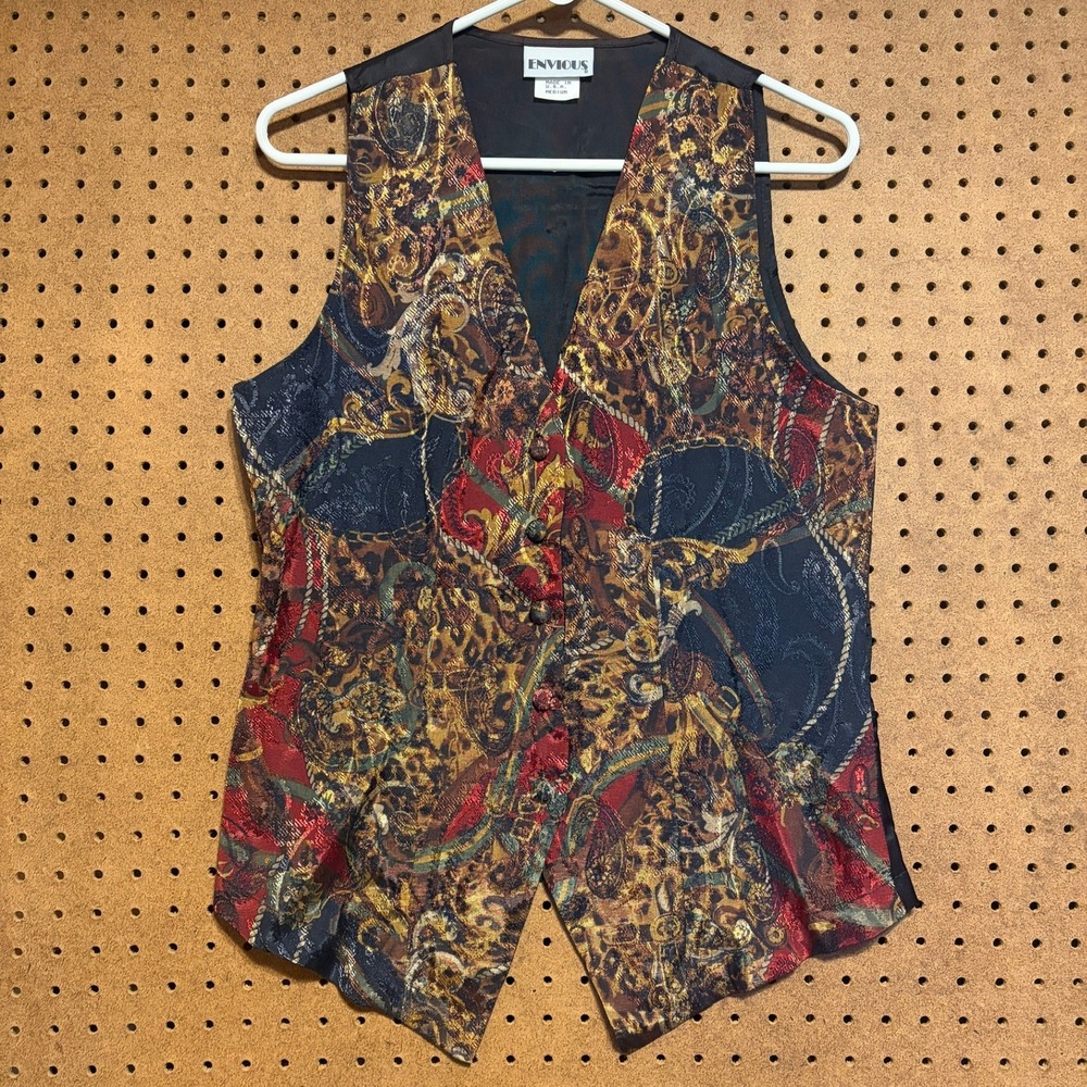 Envious Vest Medium Multicolor Paisley Leopard Chain Metallic Button Goth